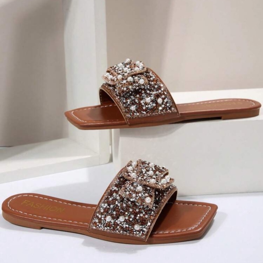 Women brown flip flop sandals rhinestones fashion slide faux pearl elegant - Picture 8 of 12